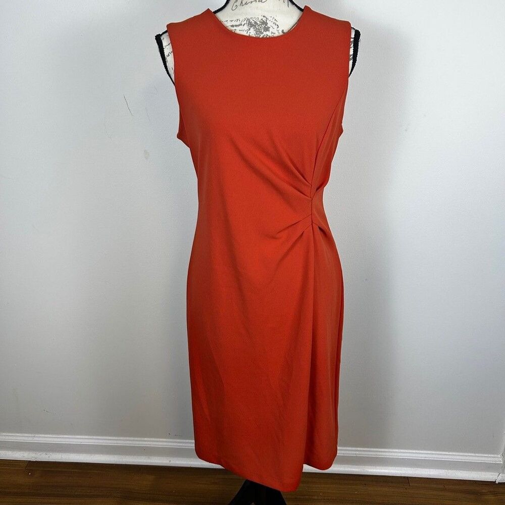 Calvin Klein Sheath Dress Womens 10 Orange Sleeveless Side Ruched Crepe Midi